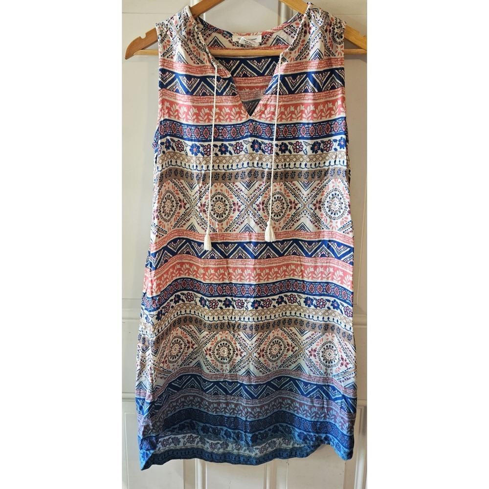 BeachLunchLounge Sleeveless Shift Dress Medium Boho Tribal Print Tassel Tie...